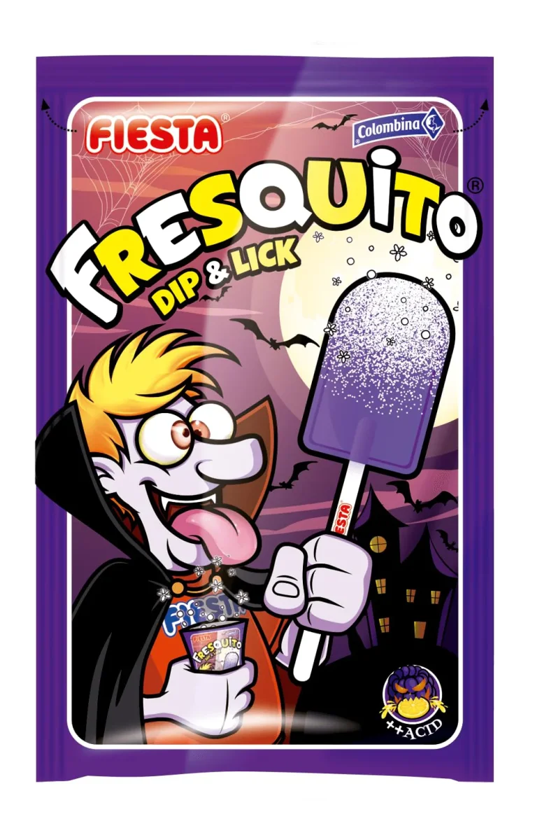 FIESTA Fresquito Halloween - Caramelo con Palo en Sobre con Polvo Acidulado Sabor MORA - Caja de 40 unidades - Nuevo Sabor VAMPIRO HALLOWEEN - Imagen 3