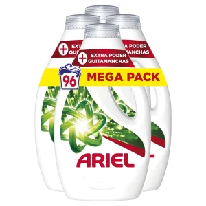 Ariel Detergente Lavadora Liquido, 96 Lavados (4x24), Jabon Quitamanchas, Mas Poder Extra Quitamanchas, Limpieza Profunda