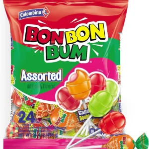 Colombina Bon Bon Bum - Paletas con centro de goma de mascar surtido, paletas de 4 sabores diferentes: Lulo, fresa, fresa Roja y mandarina, Bolsa de 408 gr. (24 unidades)
